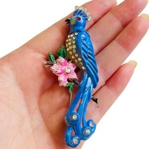 VTG Bird of Paradise Pin Brooch Crystal rhinestone Celluloid Painted Estate 30s